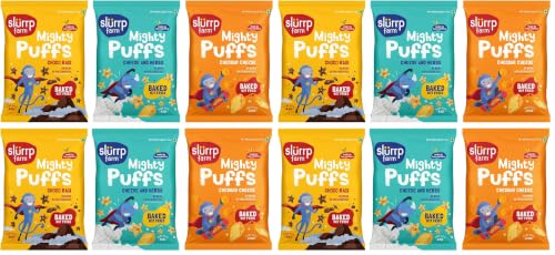 Image of Slurrp Farm Mighty Jowar Puffs | Khatta Meetha, Mild Masala, Cheddar Cheese, Tangy Tomato, Choco Ragi, Cheese & Herbs | Not Fried, No Maida | Healthy Snack for Kids, School Tiffin and Travel Friendly | 6 x 20g