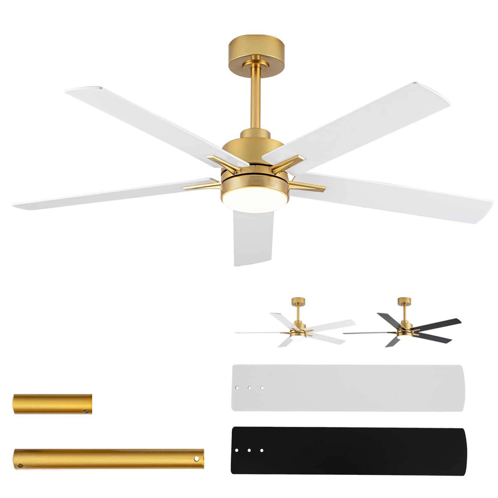 52'' Ceiling Fan with Lights and Remote, Low Profile Modern Ceiling Fan Gold, 6 Speed, Reversible, 3000k-6000k LED, Quiet DC Motor Ceiling Fans for Indoor Outdoor Bedroom Living Room