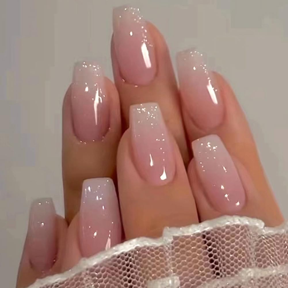 RUPOFUZA Long Press on Nails Coffin Fake Nails with Pink White Ombre A Little Bit of Glitter Designs Acrylic Nails Press ons Artificial False Stick on Nails for Women 30Pcs