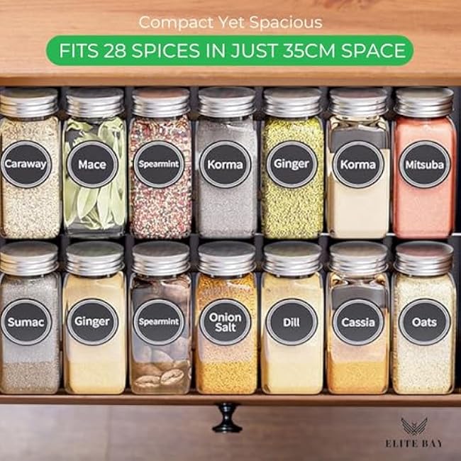 Spice Jar Rack with KEEP ¨C 4-Tier Organizer with 28 Empty Bottles, 180 Waterproof Labels (55 Blanks), Funnel &Screws | Space-Saving Spice Storage Set for Kitchen Counter or Cabinet