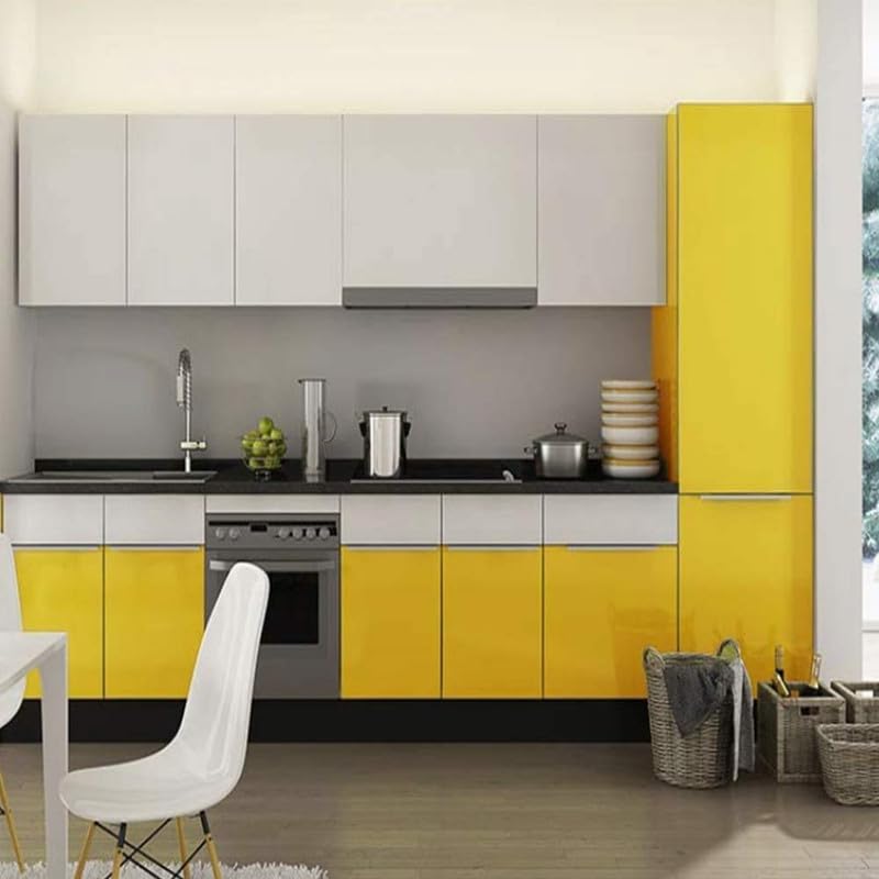Image of WALLMATE? Yellow Glossy Wallpaper Peel & Stick Vinyl Contact Paper Self Adhesive Wallpaper for Kitchen Cabinet Furniture Countertop Removable Wallpaper (24x50 Inch)