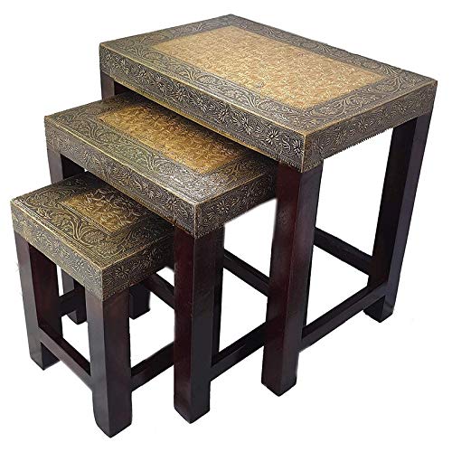 Mansi Enterprises Nesting Tables Set of 3/Wooden and Brass Stool Set of 3/Coffee Table-image-5