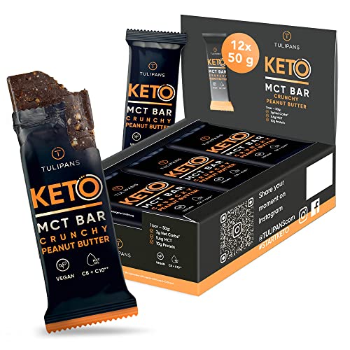 Tulipans MCT Keto Riegel zuckerarm Peanut-Butter | 12 x 50 g Protein Riegel | Keto Snack mit MCT-Öl | Eiweißriegel für die ketogene Ernährung | Leckere Low Carb Süßigkeiten | Protein Bar Cover