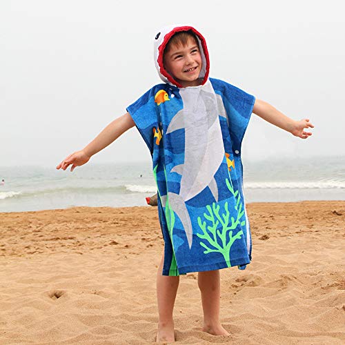 Kids Hooded Ponchos Bathrobe 100% Cotton Super Soft Children Changing Robe for Beach Swimming Towel (M, Shark)4