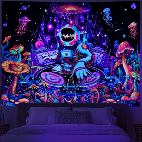 Image of Amhokhui Blacklight Astronaut Tapestry UV Reactive Funny DJ Music Tapestry Trippy Aesthetic Tapestry Galaxy Space Tapestry Flower Wall Hanging Decor for Home