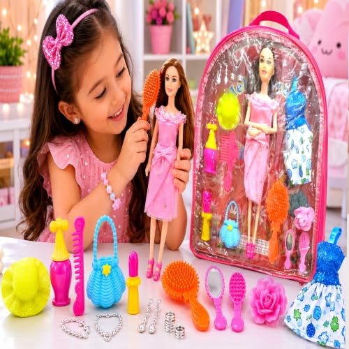 Image of SHAKTISM Doll Set for Girls with Makeup, Dress, Accessories, Wardrobe Closet, Hangers, Necklace, Multicolor, 3 Years and Up (Hello Sweety Doll (Bag)