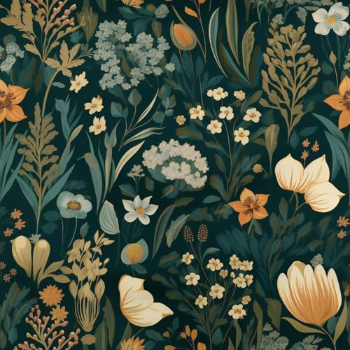 Floral Peel and Stick Wallpaper | Vintage Dark Green Leaf & Flower Boho Contact Paper | Removable Self-Adhesive Wall Covering for Cabinets, Drawers, and Furniture (Dark Green, 16.5' × 87' 10 Sq Ft)