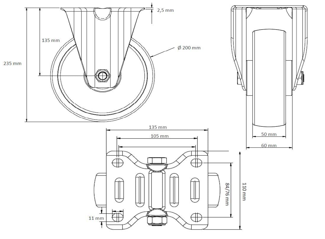 Rollensatz 2 Lenkrollen mit Feststeller + 2 Bockrollen 200 mm Thermoplastisches Gummi