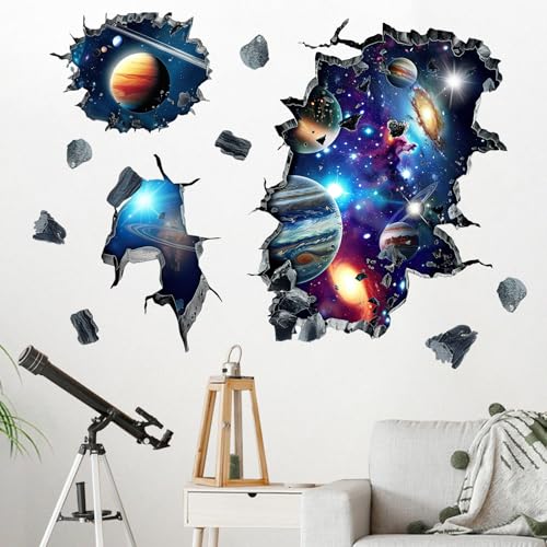 Mfault Outer Space 3D Broken Wall Decals Stickers, Universe Galaxy Planets Stars Nursery Decorations Kids Bedroom Art, Solar System Baby Boys Children Toddlers Playroom Home Decor