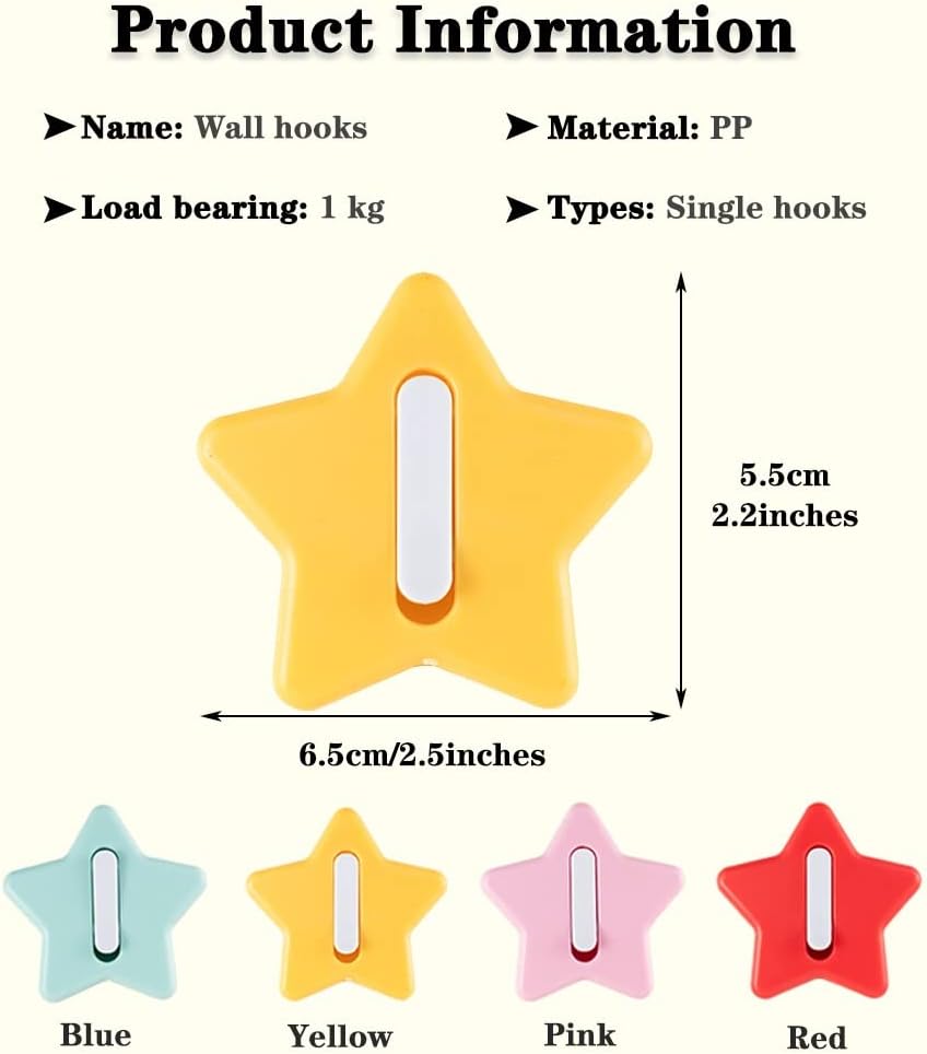 Wall Hook，Door Hook, Wall Hooks Wall Hooks Decorative Adhesive Pentagram Creative Hangers, Kitchen Household Sticky Hook, Entrance No Punching Key Hook, Load Bearing 1kg (Color : Star(Red), Size : 6.5