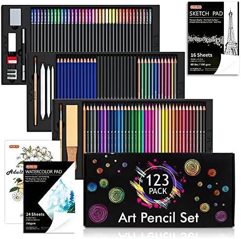 Shuttle Art Drawing Kit, 123 Pack Art Pencil Set, Professional Drawing Art Set with Colored Pencils, Watercolor Pencils, Sketch Pencils and Drawing Pad, Ideal Art supplies For Adults Kids Artists