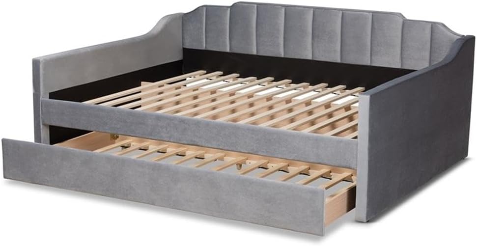 BOWERY HILL Contemporary Velvet Full Size Daybed with Trundle, Gray Upholstered Fabric, Wood Frame with Foam Padding, Channel Tufting, 81.9" W x 57.9" D x 53.1" H, Ideal for Bedroom or Guest Room