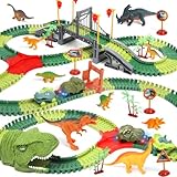 FUNBUD Dinosaur Race Track Toys for Kids - Birthday Gifts for Boys Age 3 4 5 6 7 Year Old, Flexible Race Cars Track Playset with Lights, 280+ PCS Creative