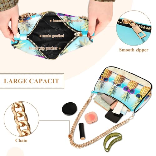 Cute Funny Beach Pineapples Floral Shoulder Purses for Women Hobo Purse Clutch Chain Strap Zipper Chain Purses4