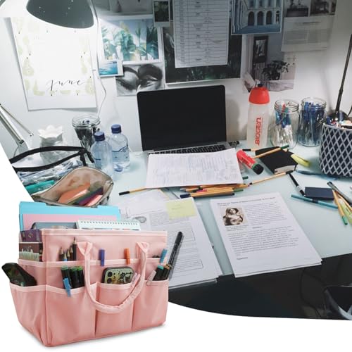 Image of Cupohus Art Organizer Craft Storage Tote Bag with Pockets and Handles, Oxford Fabric Carrying Caddy for Teacher, Officer, Artist, Traveler, and more -Pink
