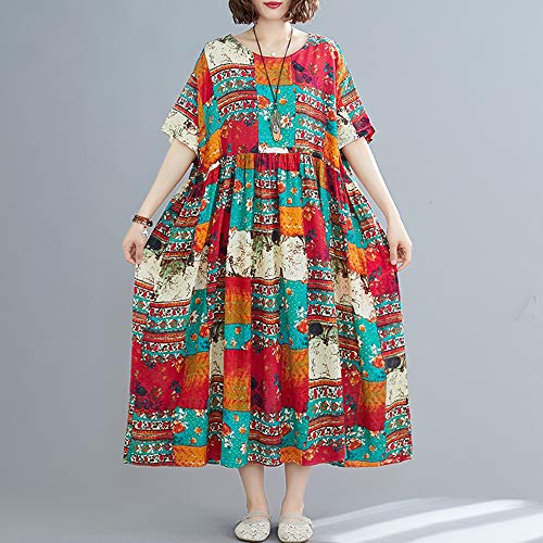 Loijon Mulheres Plus Size Vestido de Linho de Algodão Bloco de Cor Com Decote Em V Longo Maxi Plissa