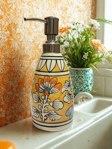 Image of Old Edge Ceramic Soap Dispenser Pump Bottle with Hand Painted Floral Design - Refillable Liquid Handwash Dispenser for Bathroom Kitchen Sink Lotion & Dishwash Use