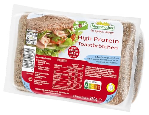Mestemacher High Protein Toastbrötchen 3 4-fache Menge Eiweiß & 66 % weniger Kohlenhydrate ballaststoffreich vegan Nutri Score A vorgeschnitten 8 Scheiben/4 Stück zum Toasten 260 g