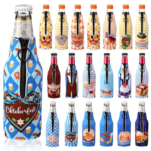 Roshtia 20 Pcs Oktoberfest Decorations Beer Bottle Sleeve Insulators 12 oz Bavarian Beer Bottle Jacket Cooler Sleeve with Zipper Neoprene Oktoberfest Couples Lover Gifts Party Favors