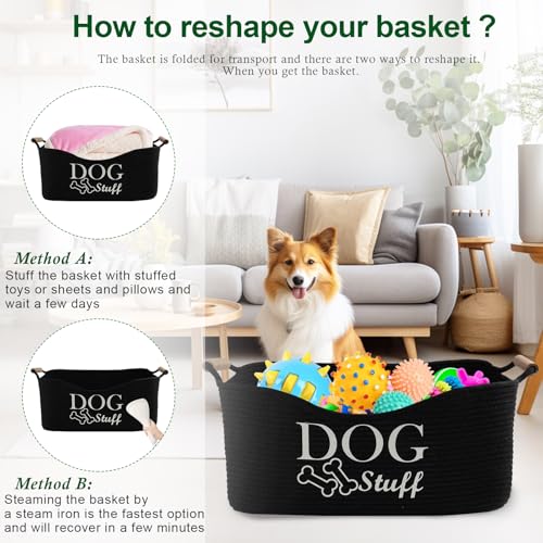 Medium Woven Dog Toy Basket,Dog Stuff Organizer,Collapsible Dog Toy Bin with Wood Handles,Rectangle Puppy Toy Storage Basket,Dog Organizer for Dog Toys,Collar,Leash,Blankets-Black - Image 6