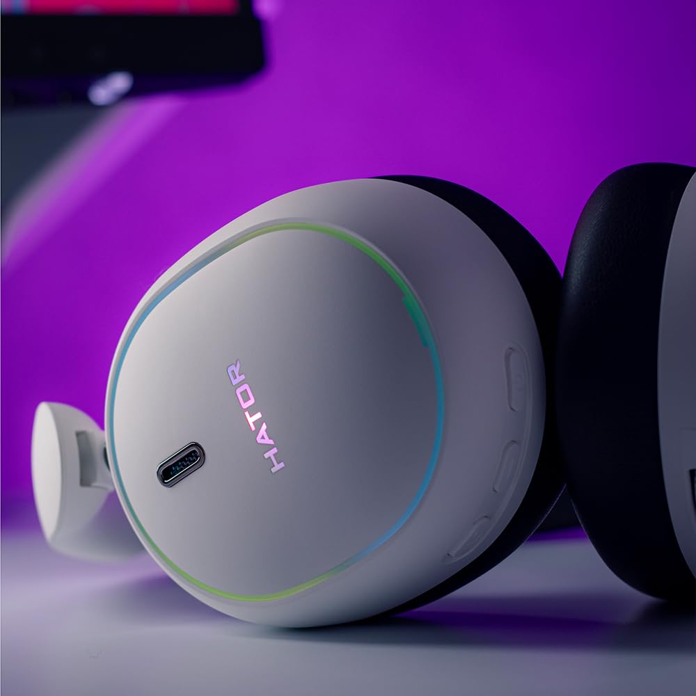 HATOR Phoenix 2 Casque de Jeu sans Fil – Pilote Hi-Res 40 mm, ANC Hybride, Audio Spatial, Suivi de la tête, 2,4 GHz & BT5.4, Batterie jusqu'à 45 h, avec étui – pour PC, Console et Mobile, Blanc