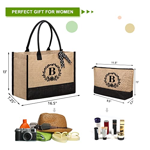 Beegreen Burlap Monogram Tote Bag For Women With Makeup Bag Personalized Teacher Appreciation Gifts Bag Beach Tote Bag For Friends Female Jute Beach Bag (Letter B) #TOP1