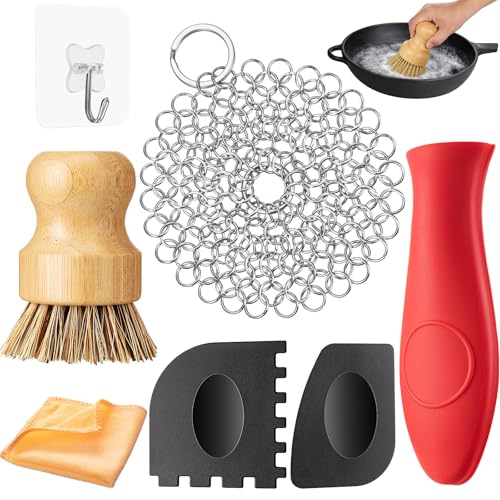 7 Pieces Cast Iron Cleaner Set Include Stainless Steel Chainmail Scrubber with Bamboo Dish Scrub Brush Hot Handle Holder 2 Pan Grill Scrapers Kitchen Towel Wall Hook