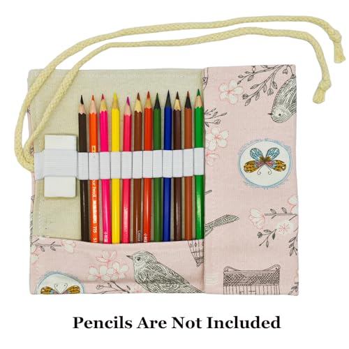 Image of Lopenle Butterfly Colored Pencil Wrap Canvas Floral Roll Up Holders Birds Pencil Organizers for Artist Coloring Travel Storage with 24 Slots(Flower Butterflies Birds)