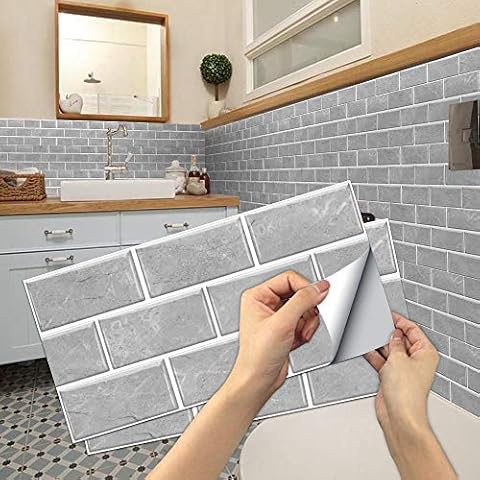 18-Pcs 3D Brick Wall Series Tiles Stickers Peel and Stick on Kitchen Backsplash Vinyl Self-Adhesive Removable Waterproof Tiles for Bathroom Wall Decor,Silver Gray,5.91x11.81 inch Cover