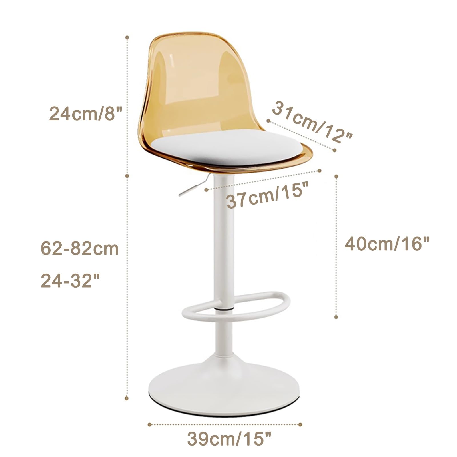 2er Set Barhocker aus Acryl, höhenverstellbar mit C-Rücken, transparentes modernes Design, Metallbeine, kleines PU-Kissen für Küche, Esszimmer, Bar (Grau)