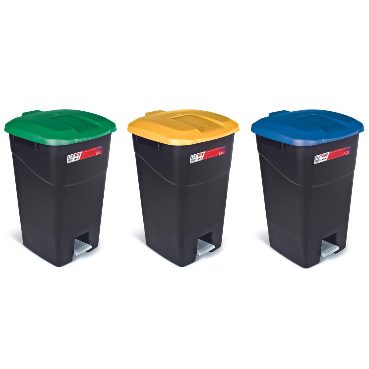 Tayg Pack 3 Cubo Basura Cocina con Pedal - Cubos de Basura Reciclaje 60l, Papelera Cocina con Pedal, Cubo Basura Hosteleria, Papelera Reciclaje, Basurero Cocina (60 litros, Verde, azul y amarillo)