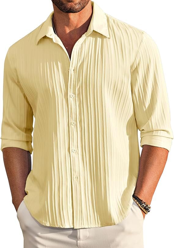 CB-COLEBROOKMen's Casual Button Down Shirts Long Sleeve Linen Shirt Fashion Textured Beach Summer Shirt