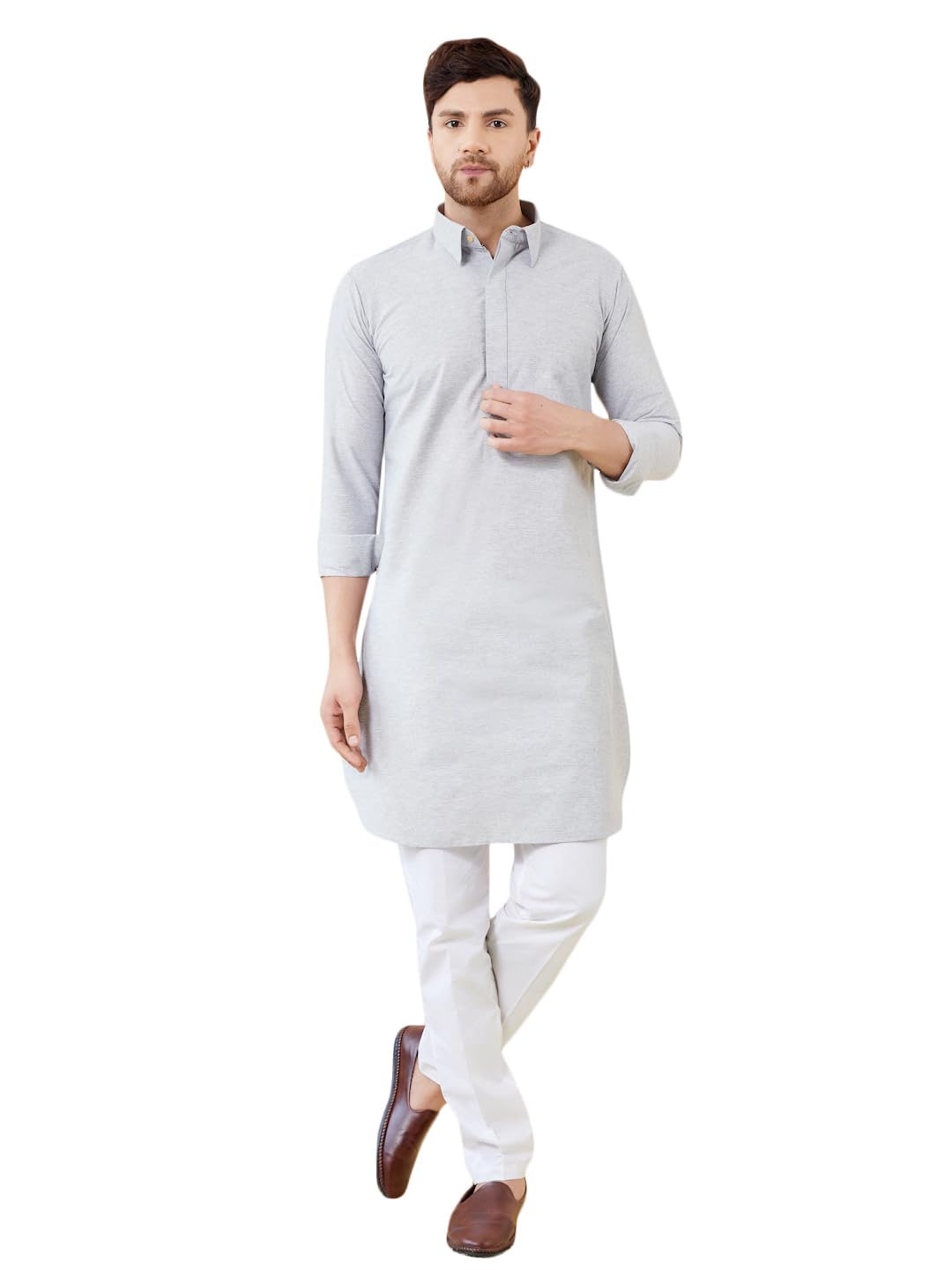 See Designs Men Cotton Solid Curved Hemline Full Sleeve Side Slit Pathani Kurta