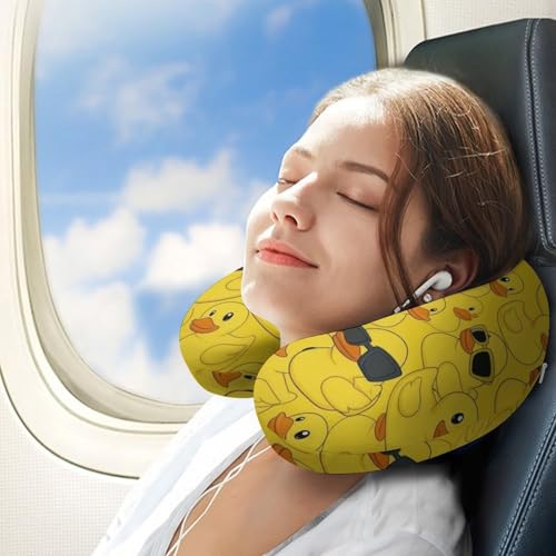 Image of Fashion Travel Pillow Memory Foam Chin Head Support Cute Rubber Yellow Ducky with Sunglasses, Breathable Washable Cover for Women Men Airplane Car Decor