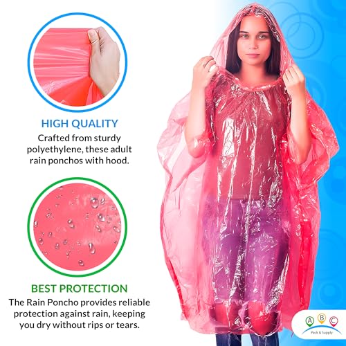 ABC Red Disposable Rain Poncho, One Size. Polyethylene Rain Ponchos for Adults with Hood. Waterproof Raincoat for Hiking, Park, Camping, Travelling. Lightweight, Compact, Portable.3