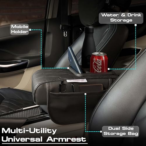 Image of Carigiri Nappa Leatherette,Foam ComfiRest Pro Car Armrest Cushion with Cup Holder| Arm Cushion| Universal for All Cars| Armrest with Mobile Holder (Black,Utility Pockets,Dual Cup Holder,Mobile Holder)