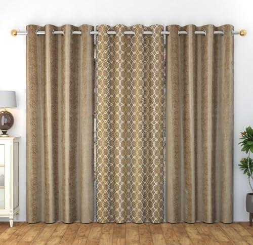 Image of Polyester Printed Blackout Door Curtain Panels for Drawing Room /Living Room Curtain for Window, Brown Color Curtains 8 Feet Long Set of 3 Pcs Set Curtains, Grommet