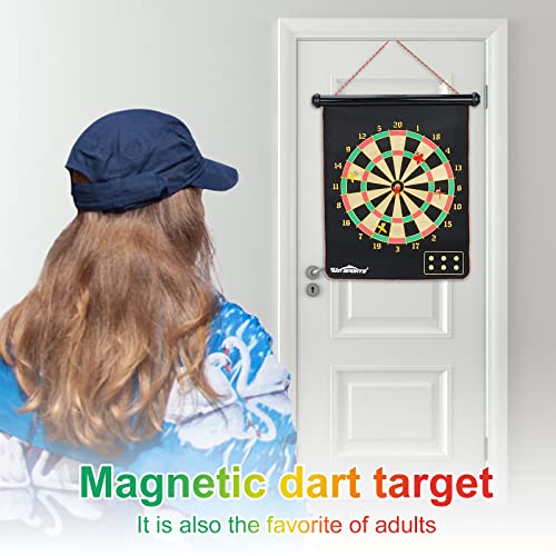 Win Sports Magnetic Dart Board Kids Game,Two Sided Roll Up Dartboard,Indoor Outdoor Game,15 Inch Kids Darts Board,Includes 12 Magnetic Safe Darts,Easily Hangs Anywhere #TOP6