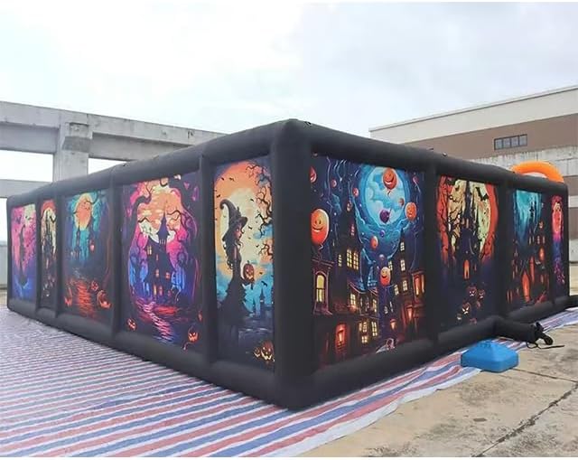 Fun Inflatable Maze Labyrinth Game，L Shape Inflatable Maze Full Printing Halloween Labyrinth Haunted House with Removable roof（26ftx23ft with Blower）