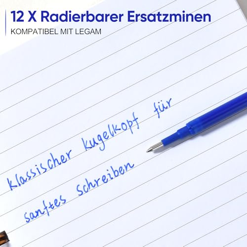 QIURUYUE 12x Radierbarer Ersatzminen - Kompatibel Mit Legami - Einfach zu radieren - Stiftspitze 0,7mm,Höhe 13 cm (BLAU)