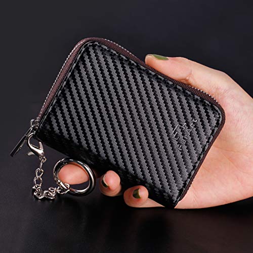 Image of FurArt Zipper Wallet Women, RFID Blocking Credit Card Wallet, Business Card Holder, Compact Size KeyChain Wallet, Carbon Fiber Black, small, Classic