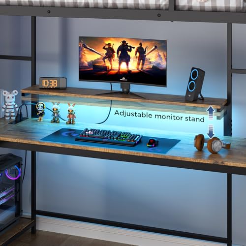 Tatub Twin Loft Bed with Large Desk and LED Lights, Metal Loft Bed Frame with Ladder, Storage Shelves and Adjustable Monitor Stand, Space-Saving Bed for Teens, Kids, Adults, Black - Thumbnail 4