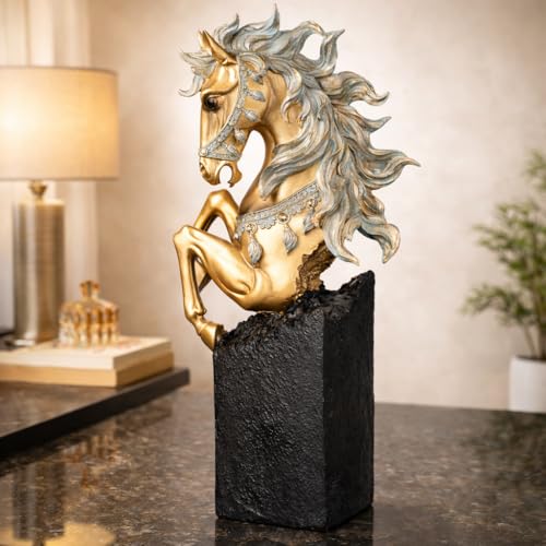 Image of ARMONIA Decorative Horse Statue | Gold-Toned Figurine with Silver Accents on Black Stand | Premium Art Decor Animal Showpiece for Home Decor | Elegant Gift for Living Room, Office,Christmas & New Year