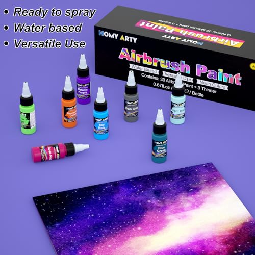 HOMY ARTY Airbrush Farbe, 30 Farben mit 3 Verdünner Airbrush Lack Set, Wasserbasierte Luftbürste Farben, bereit zum Sprühen, 20ml/Flasche