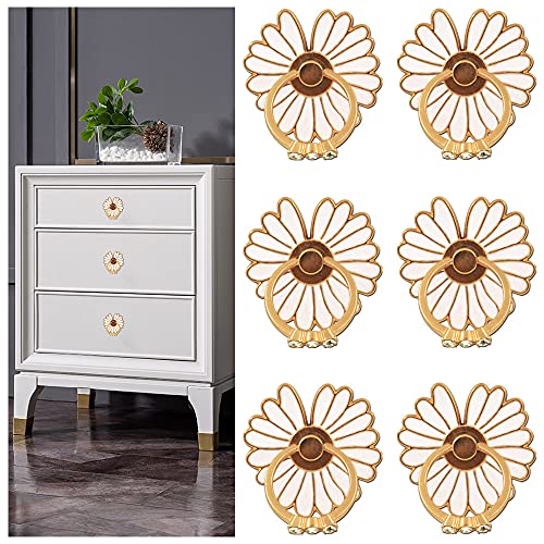 Self Adhesive Dresser Drawer Handles, H2MTOOL 6 PCS Metal Flowers Cabinet Knobs for Kitchen, Closet, Bedside Table, Wardrobe, Bathroom, Cupboard, Door and Window (White)