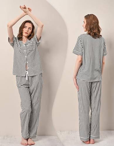 Image of NAP BOUND 100% Cotton Women Pajama Sets Button Down Short Sleeve Sleepwear Soft Pjs 2 Piece Lounge Set with Pocket XS-XXL