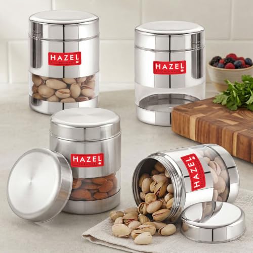 HAZEL Stainless Steel Transparent Glossy See Through Container, Silver, Set of 4, 400 ML