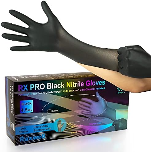 Disposable Black Nitrile Gloves Medium| Raxwell 4.5-mil Nitrile Gloves | 100 Count Fully Textured, Latex Free & Powder Free | Food Grade, Food Safe & Puncture Resistant | Good for Lab, Kitchen, Mechanic, & Cleaning Work