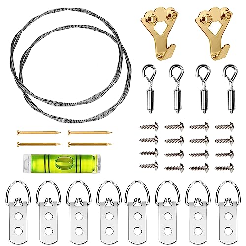Image of SDTC Tech Adjustable Picture Hanging Wire Kit 2m x 1.5mm Stainless Steel Wire Rope, D-Rings, Wall Mounting Hooks, Adjustable Hangers, Level & Screws for Paintings Photos Mirror Frames Hold Up to 80lbs