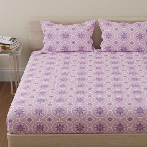 Image of Huesland by Ahmedabad Cotton 144 TC Cotton Elastic Fitted Bedsheet for Double Bed with 2 Pillow Covers | 60 x 78 inches